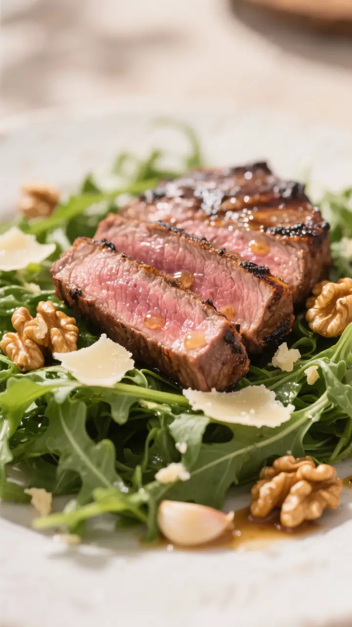 Close-up detail: Macro shot of sliced grilled steak laid over dressed arugula, highlighting the tend