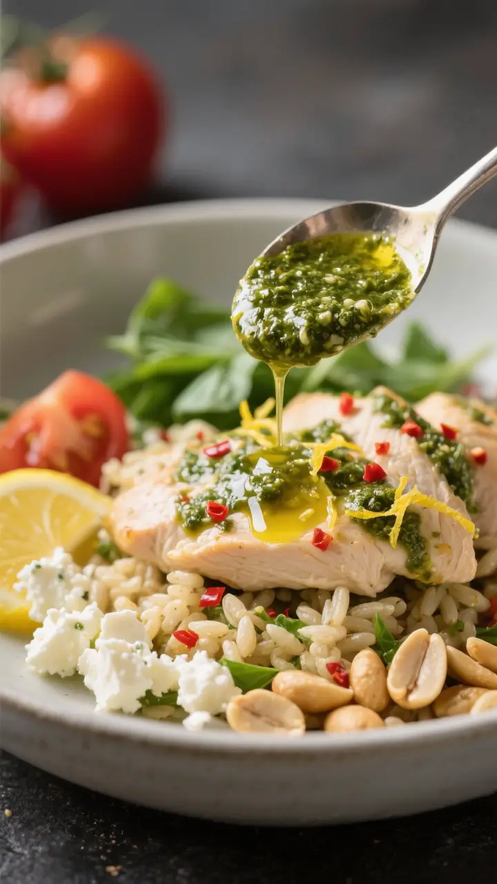 Close-up detail: Macro shot of the finishing drizzle—spoon hovering over the plated bowl pouring a