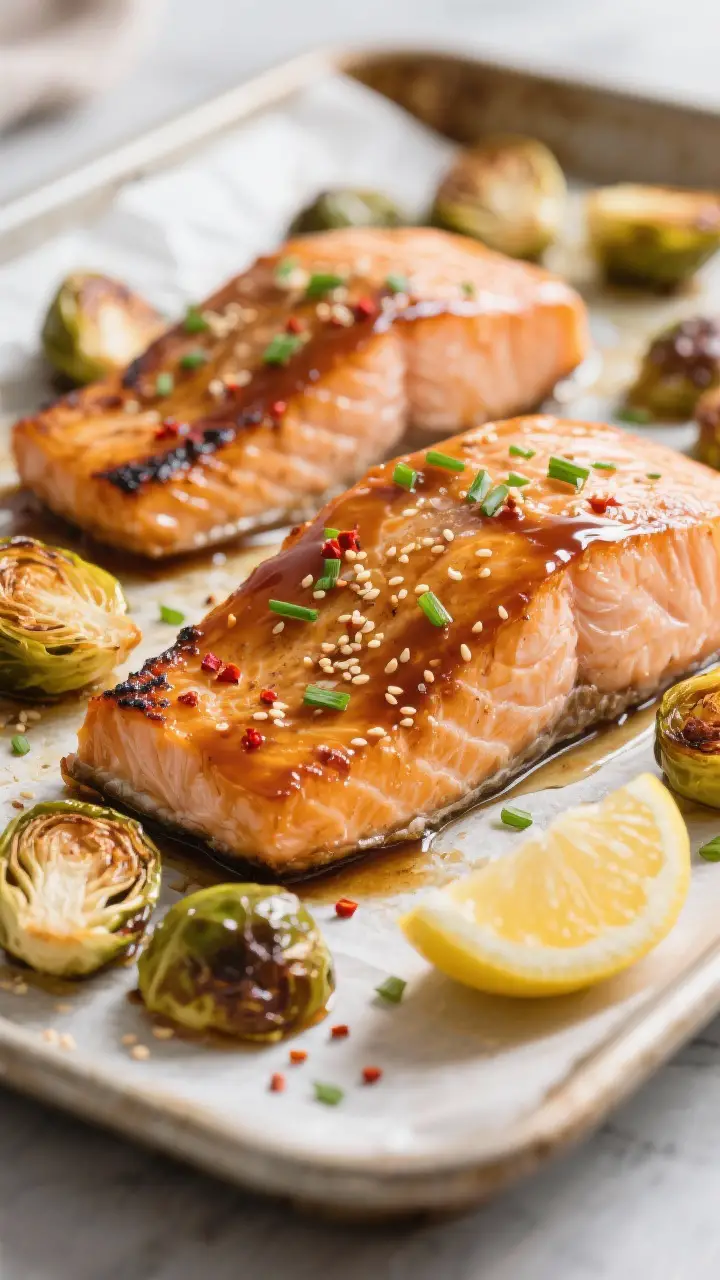 Close-up detail: Maple-glazed salmon just out of the oven on a parchment-lined sheet pan, glaze cara