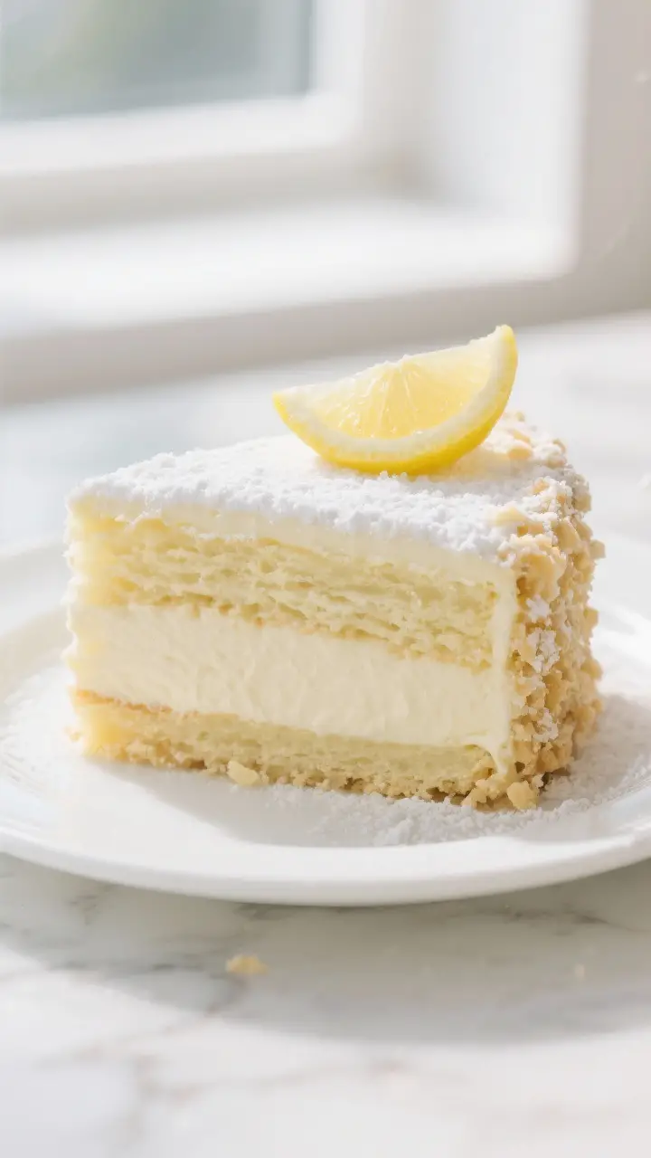 Close-up detail of a chilled slice of lemon cream cake showing airy vanilla crumb layers and a thick