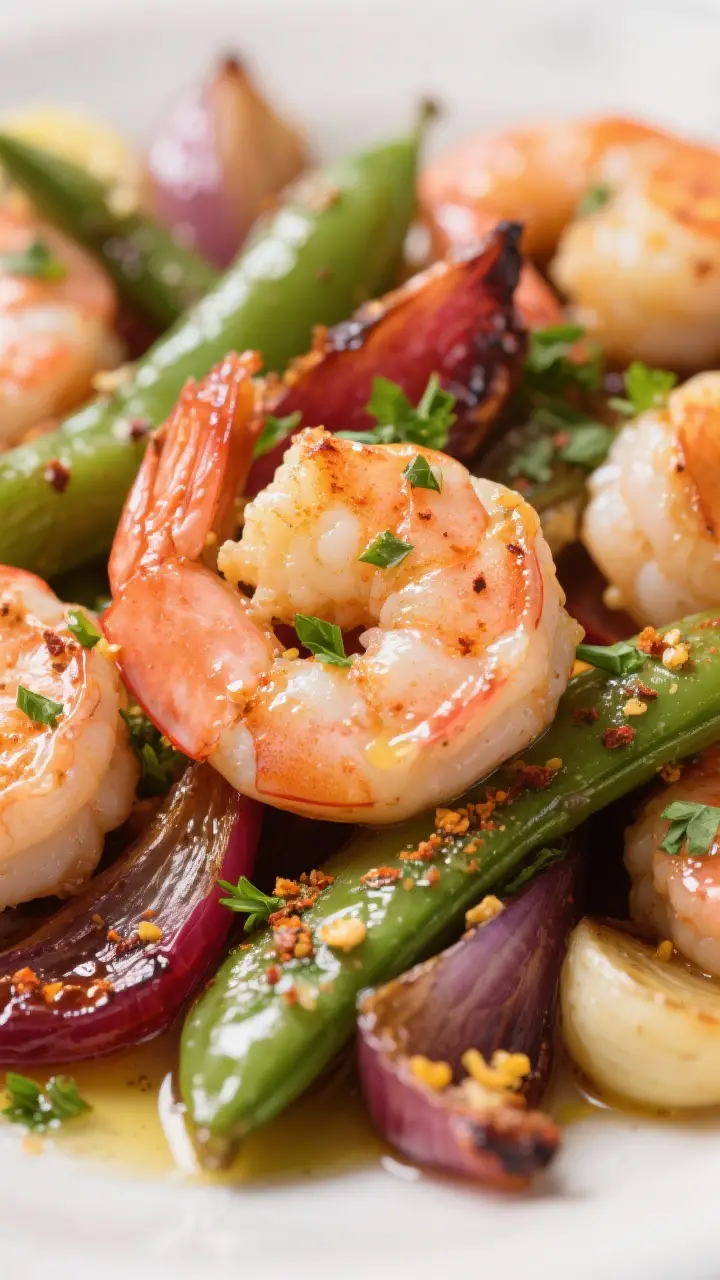 Close-up detail of finished shrimp: Tight macro of roasted shrimp just turned pink and opaque, nestl