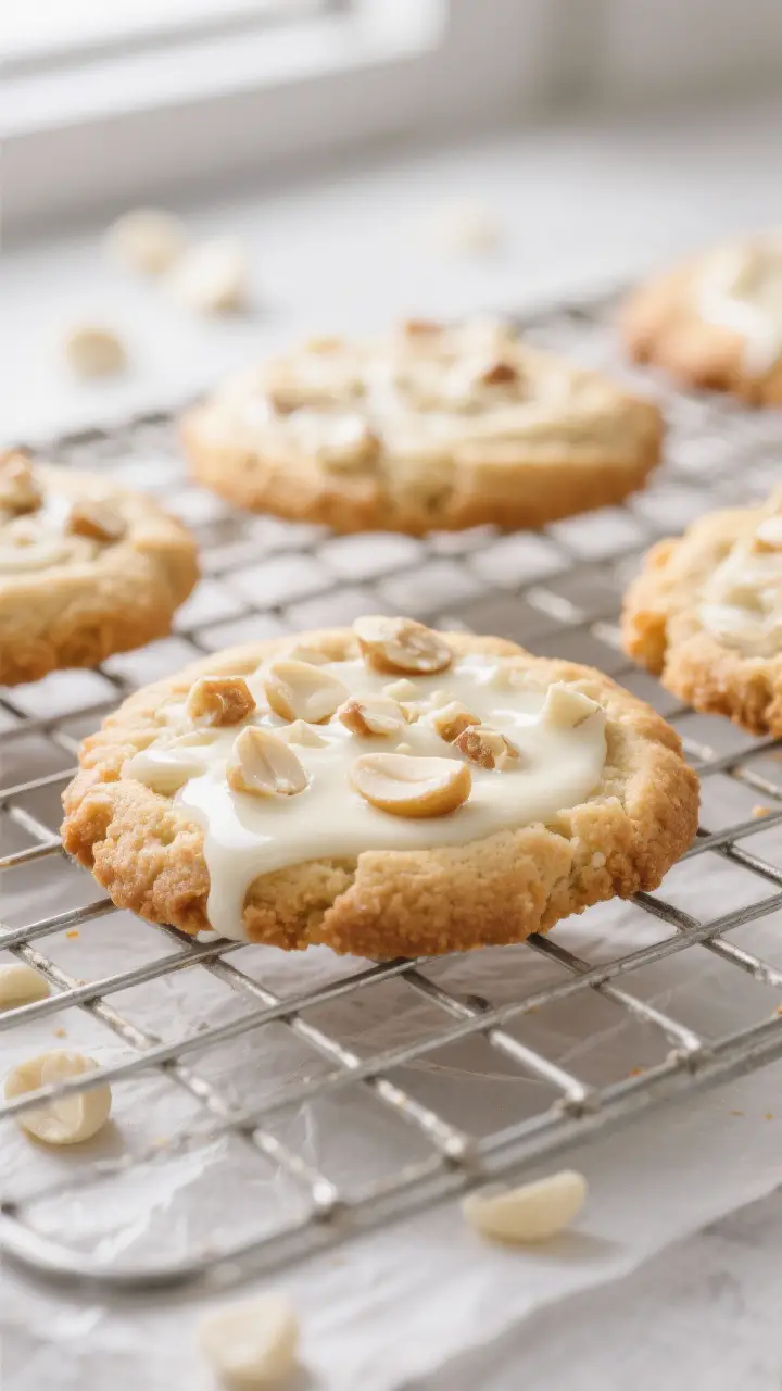 Close-up detail of freshly baked white chocolate macadamia nut cookies cooling on a wire rack, crisp