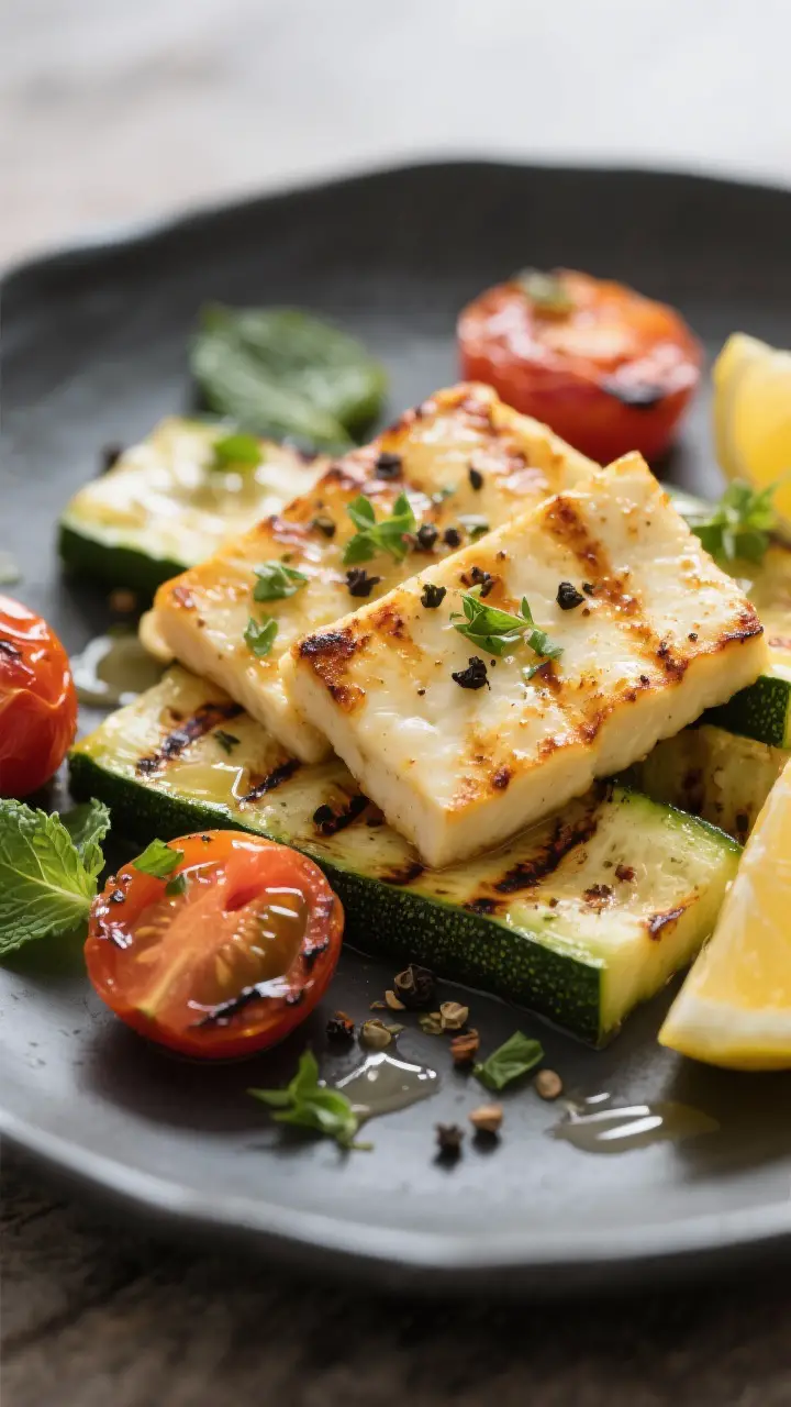 Close-up detail of golden, grilled halloumi slices with crisp, caramelized edges resting atop char-s