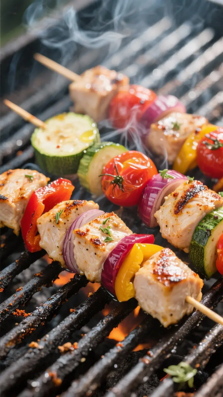 Close-up detail of grilled chicken kebabs sizzling on the grill at medium-high heat, showing light c