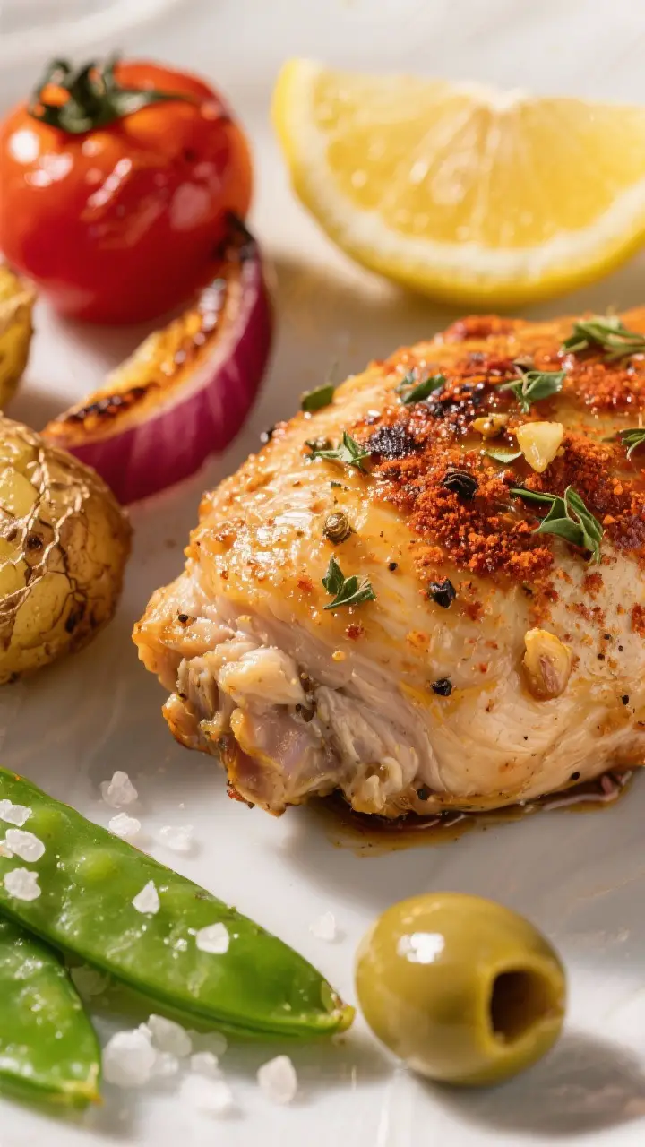 Close-up detail of juicy chicken thigh coated in lemon-garlic-oregano marinade, with smoked paprika