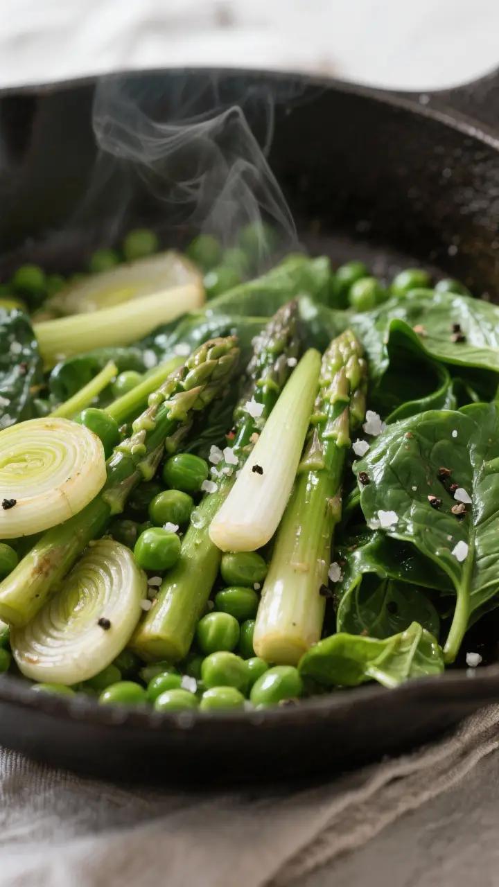 Close-up detail of sautéed spring vegetables just cooked and cooling in a skillet: tender leeks, cr