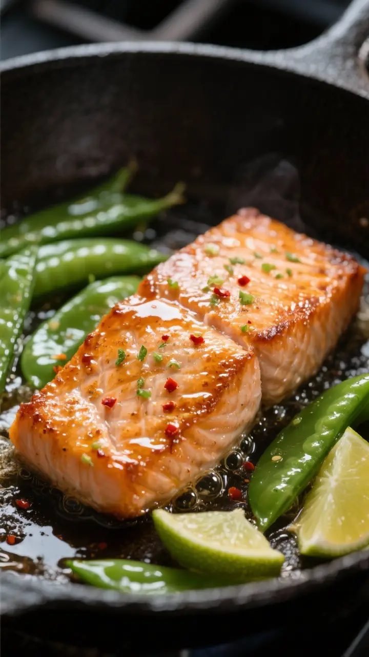 Close-up detail: Pan-seared salmon fillet just after flipping, glazed with a glossy honey-lime sauce