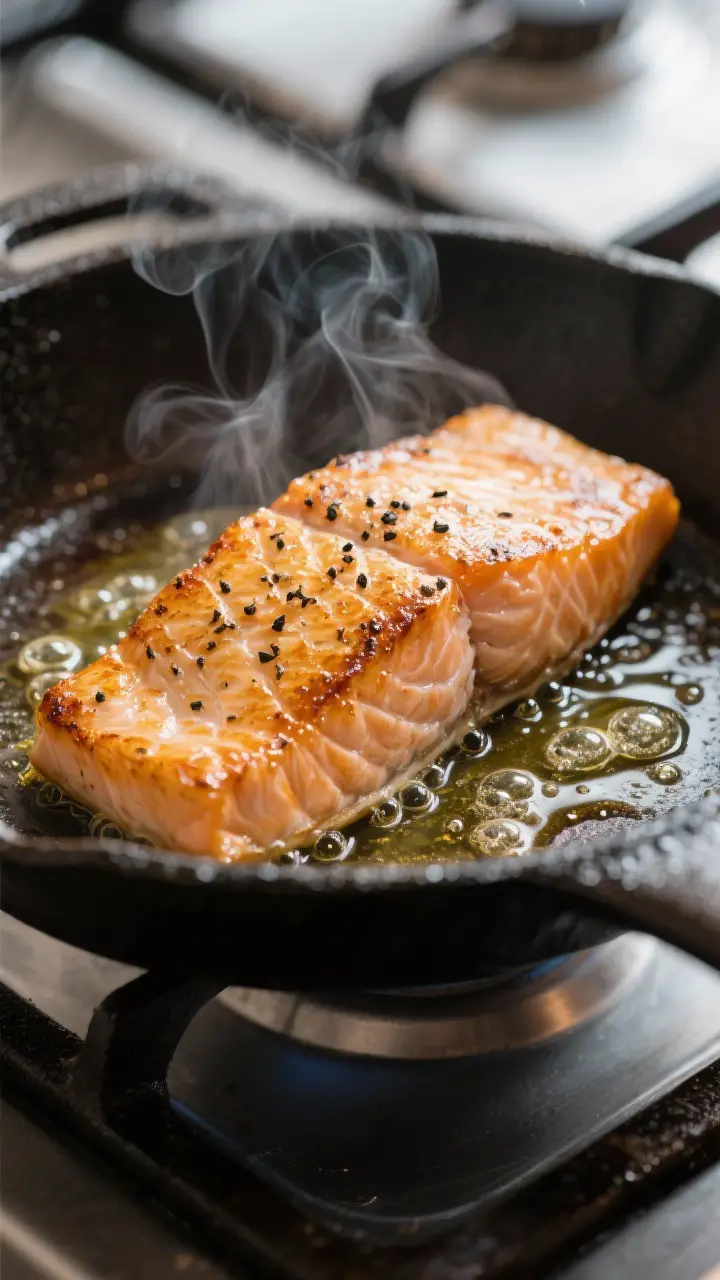 Close-up detail: Pan-seared salmon just flipped in a well-seasoned skillet, showing ultra-crisp gold