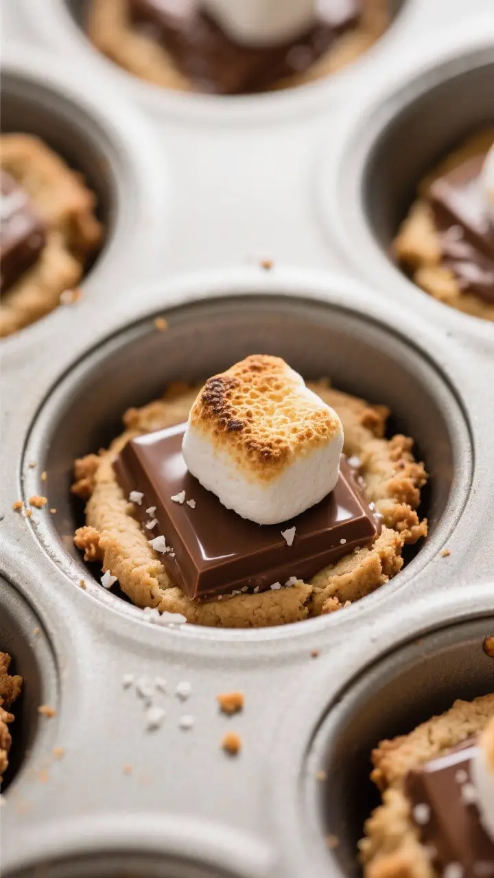 Close-up detail: Par-baked s’mores cookie bites in a mini muffin tin just out of the oven, each cu