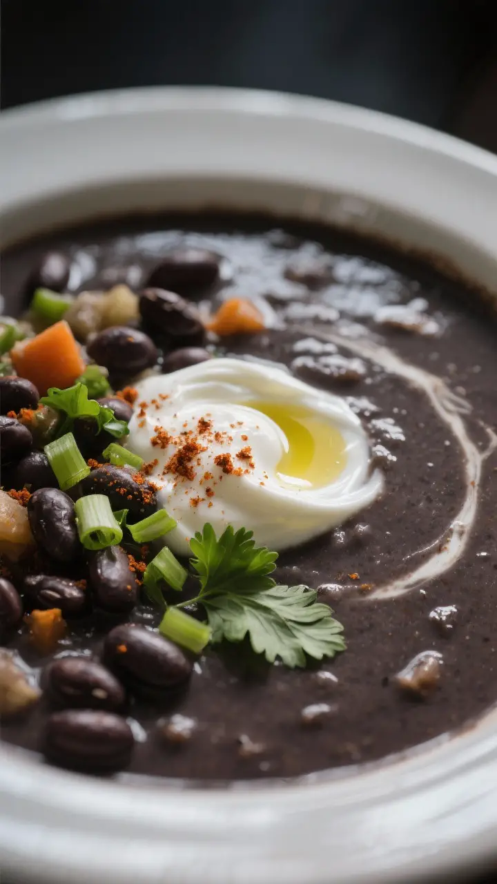 Close-up detail: Partial-blended black bean soup in a bowl, ultra-close macro showing the creamy, ve