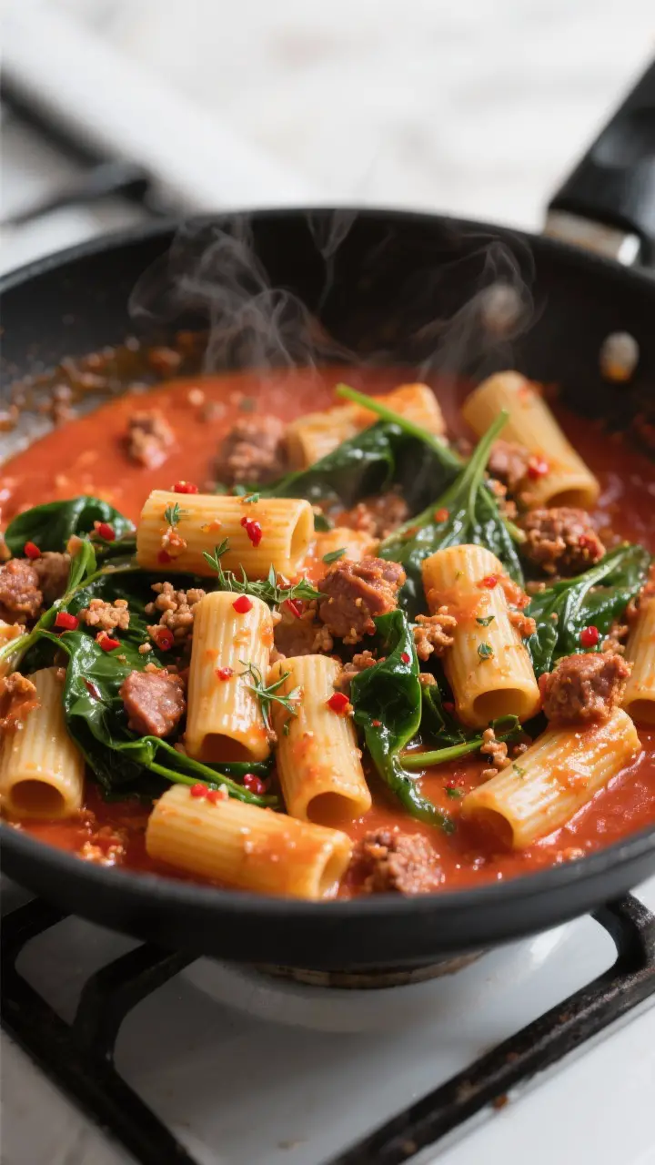 Close-up detail: Rigatoni with crumbled Italian sausage simmering in a creamy tomato sauce in a wide