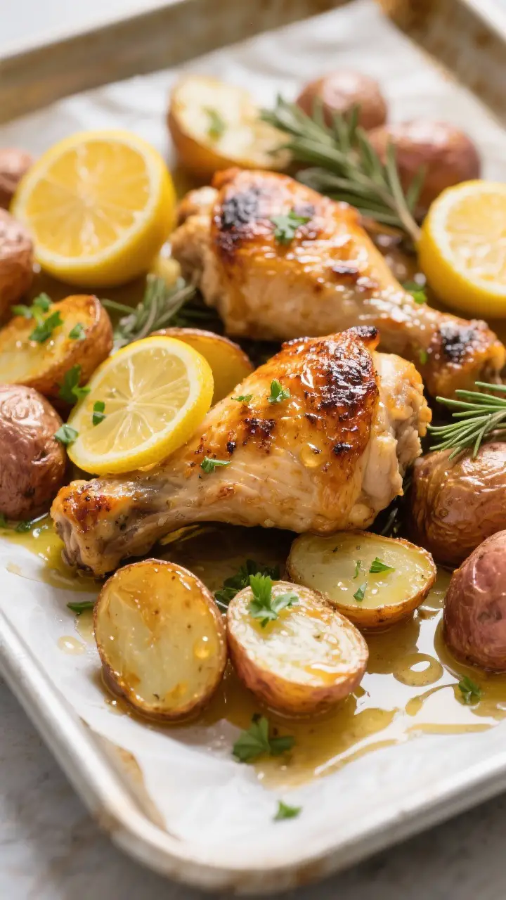 Close-up detail: Roasted lemon chicken thighs with blistered, golden-crisp skin nestled among carame