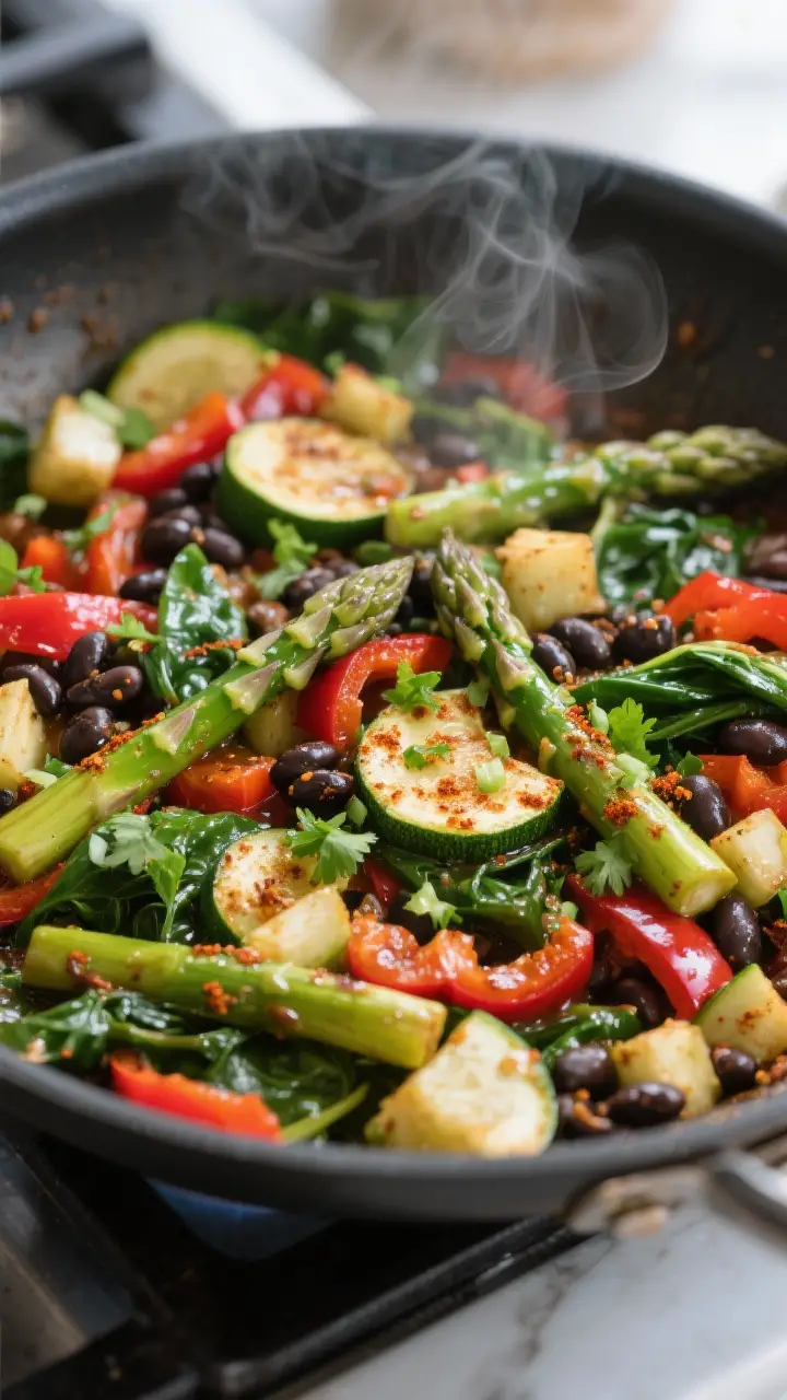 Close-up detail: Sautéed spring vegetable filling for enchiladas in a wide skillet—crisp-tender a