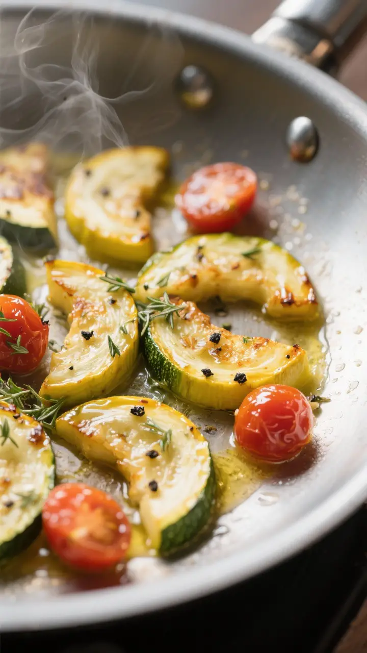 Close-up detail: Sautéed zucchini and yellow squash half-moons just kissed with golden edges in a w