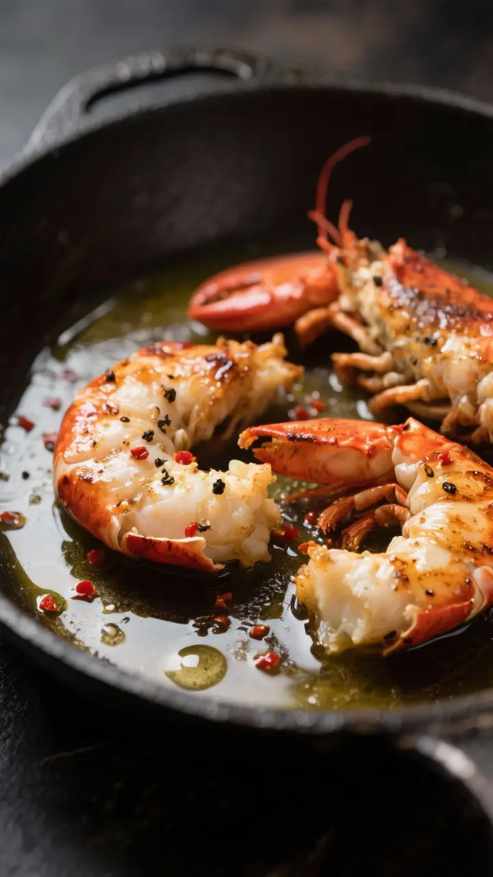 Close-up detail: Sear-kissed lobster pieces just cooked until opaque, glistening in buttery olive oi