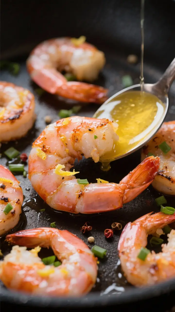 Close-up detail: Sear-kissed shrimp just off the skillet, pink and opaque with light caramelized edg