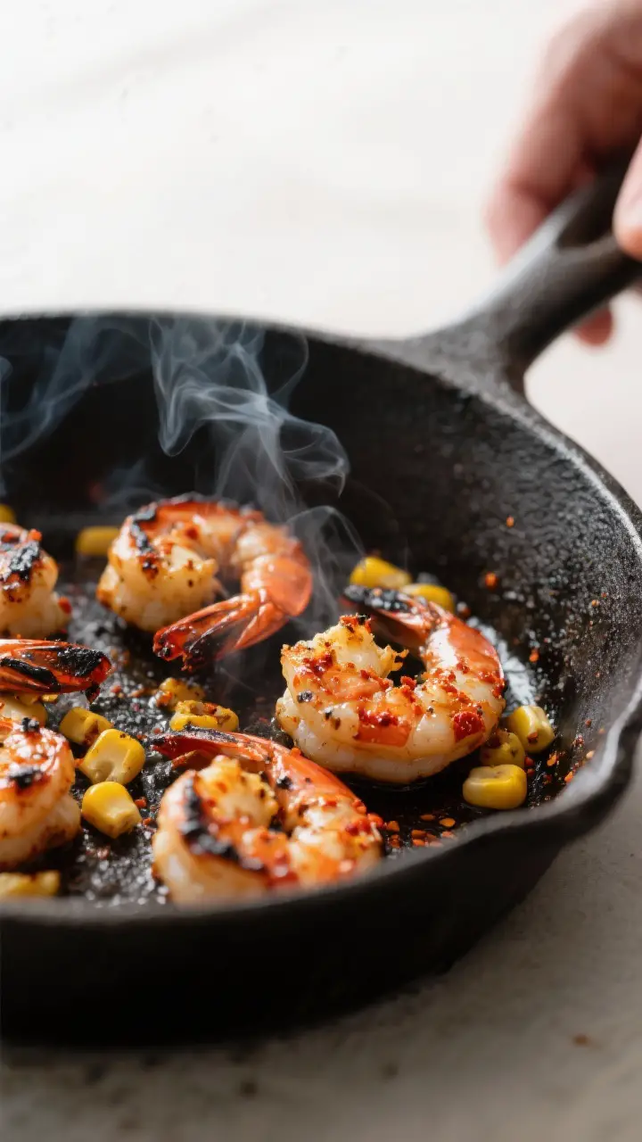 Close-up detail: Searing blackened shrimp in a hot cast-iron skillet, spices forming a smoky charred