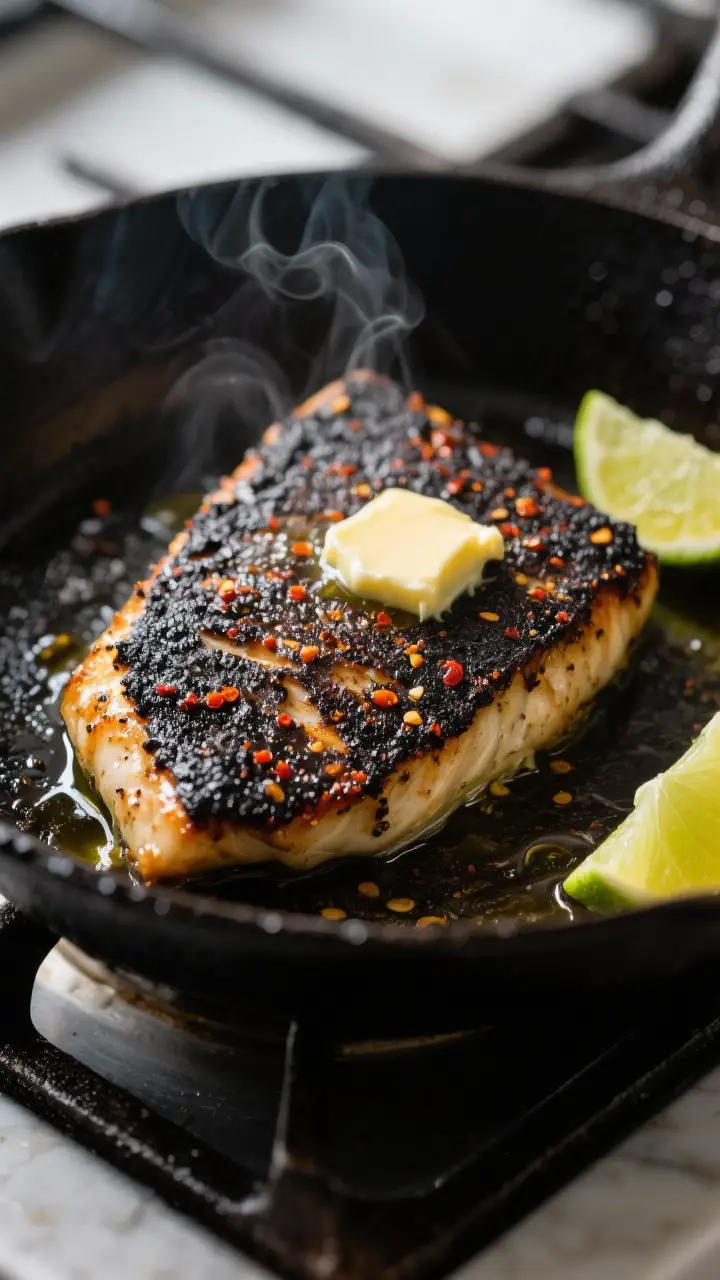 Close-up detail: Searing blackened tilapia fillet in a sizzling cast-iron skillet, deep mahogany-bla