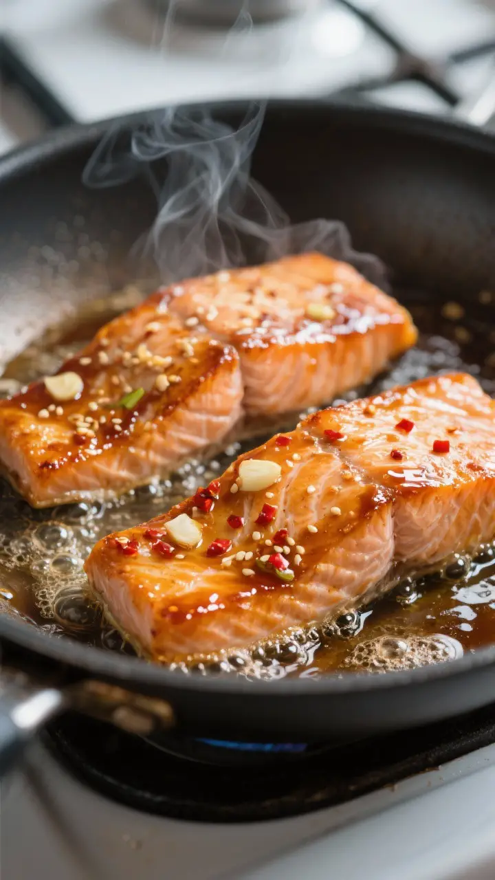 Close-up detail: Searing honey-garlic salmon just after the flip in a stainless skillet, glossy sauc