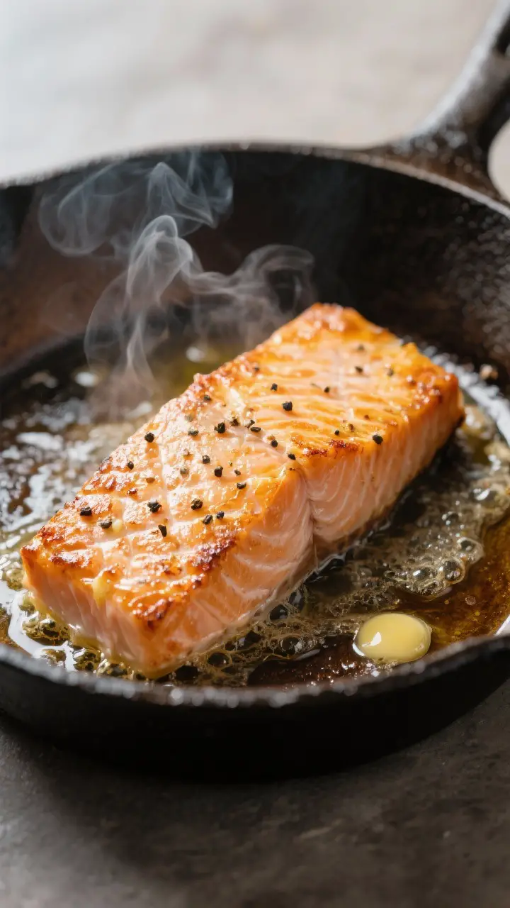 Close-up detail: Searing salmon fillet in a cast-iron skillet, presentation side down with crisp, go