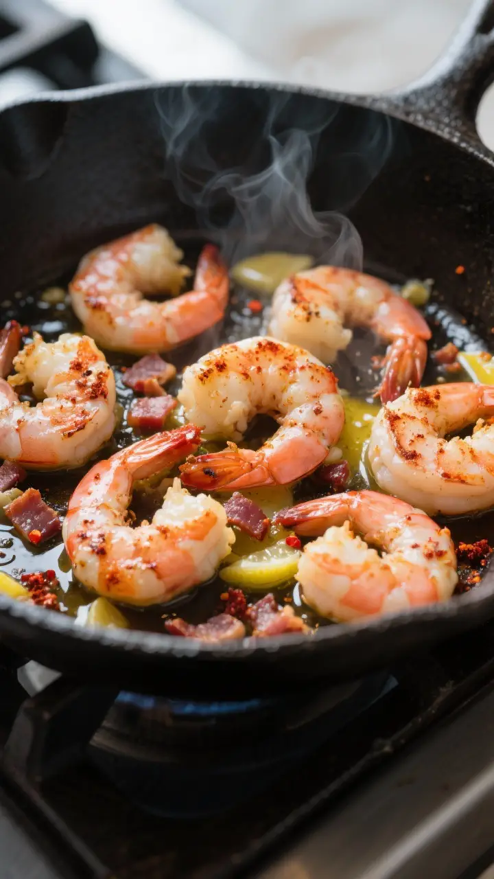 Close-up detail: Searing shrimp in a dark cast-iron skillet mid-cook, coated in smoked paprika, garl