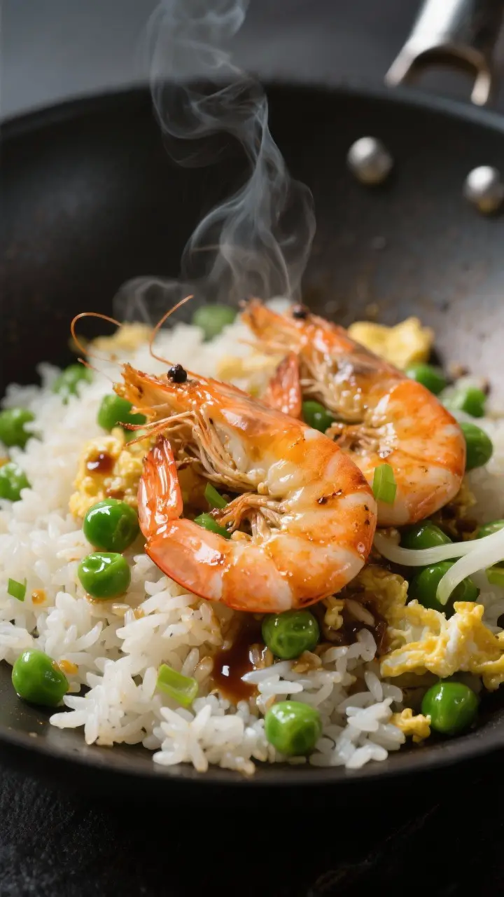 Close-up detail: Searing shrimp in a wok nestled into toasted day-old jasmine rice, peas bright gree