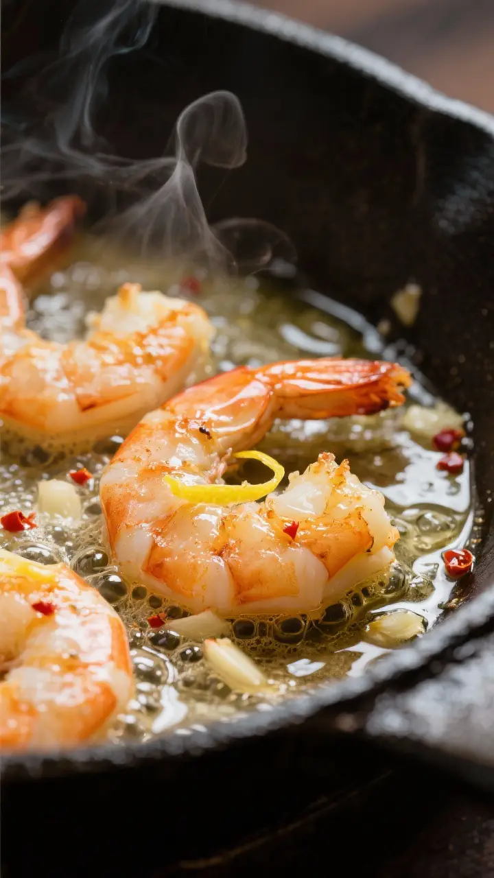 Close-up detail: Searing shrimp scampi in a skillet mid-cook, showing lightly golden, opaque shrimp 