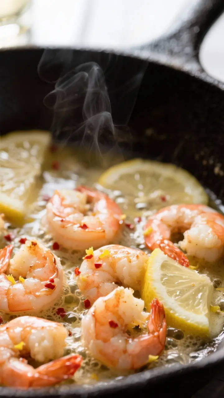 Close-up detail: Searing shrimp scampi in a skillet, shrimp just turned pink and opaque with light g