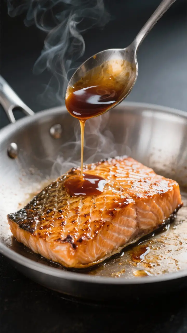 Close-up detail: Searing teriyaki salmon skin-side down in a stainless steel skillet, skin crackling