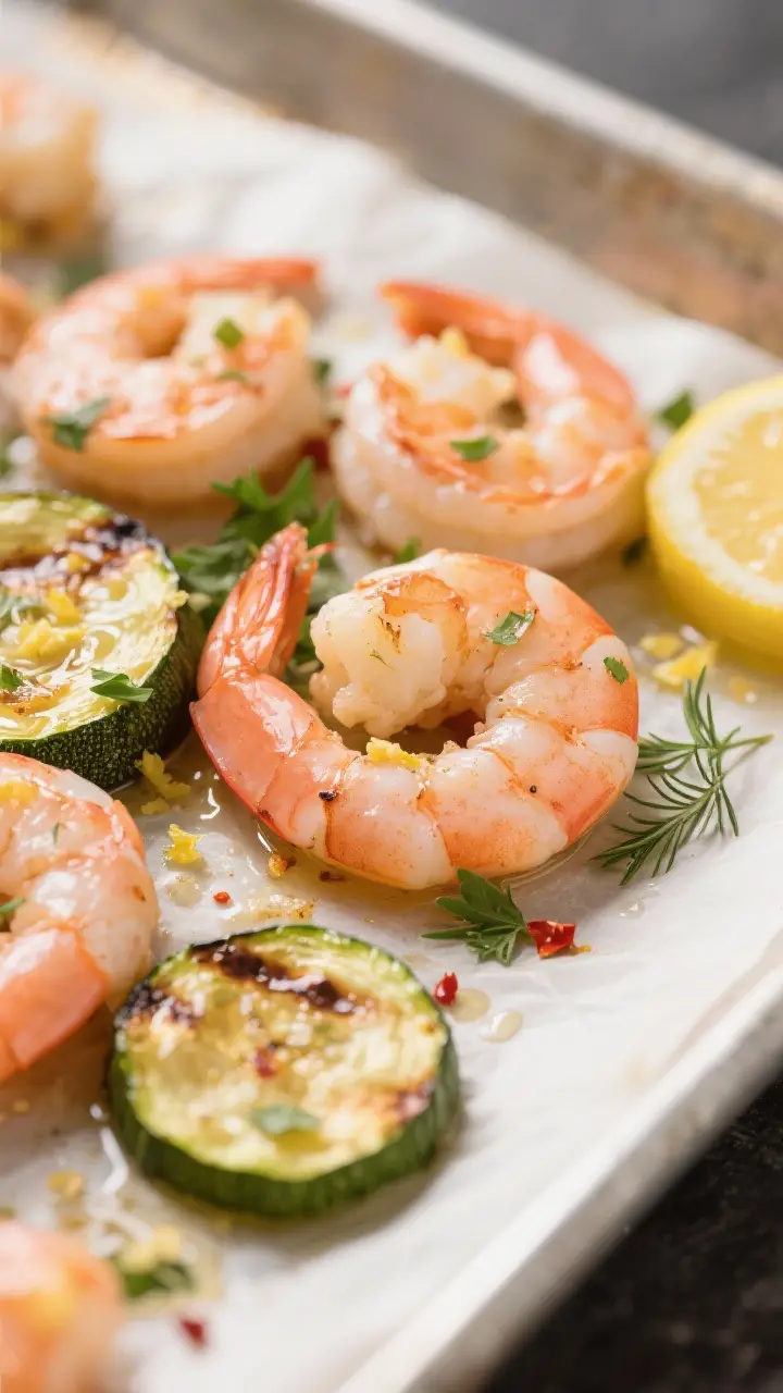 Close-up detail: Sheet pan lemon-herb shrimp fresh out of the oven, showing pink, opaque shrimp with