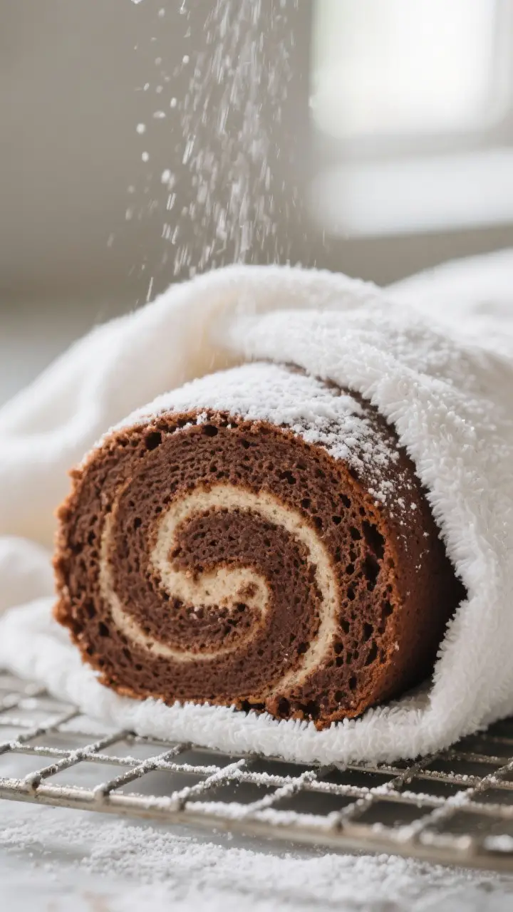 Close-up detail shot: A freshly baked chocolate sponge cake just after rolling while warm in a powde