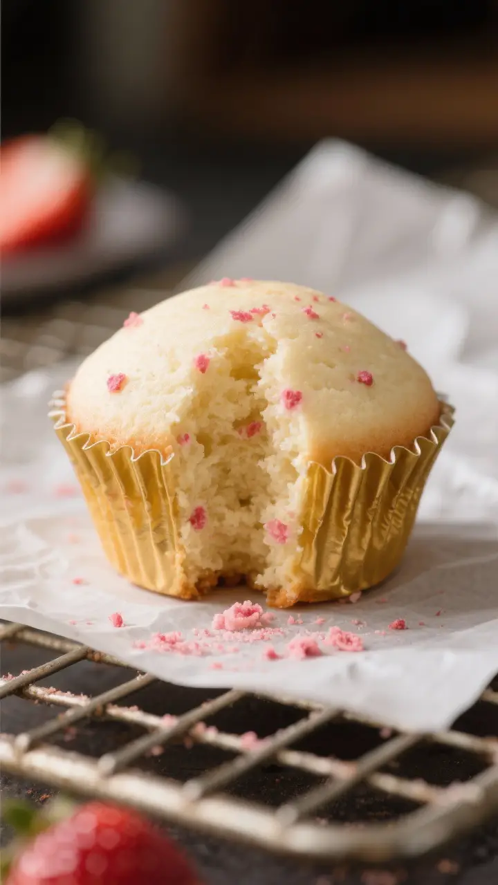 Close-up detail shot: A freshly baked strawberry cupcake with a domed top just out of the tin, golde