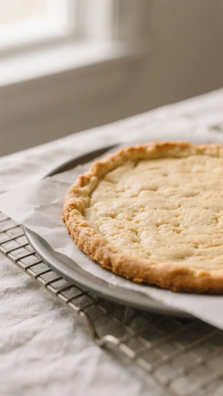 Close-up detail shot: A freshly baked sugar-cookie crust for strawberry pizza cooling on a parchment