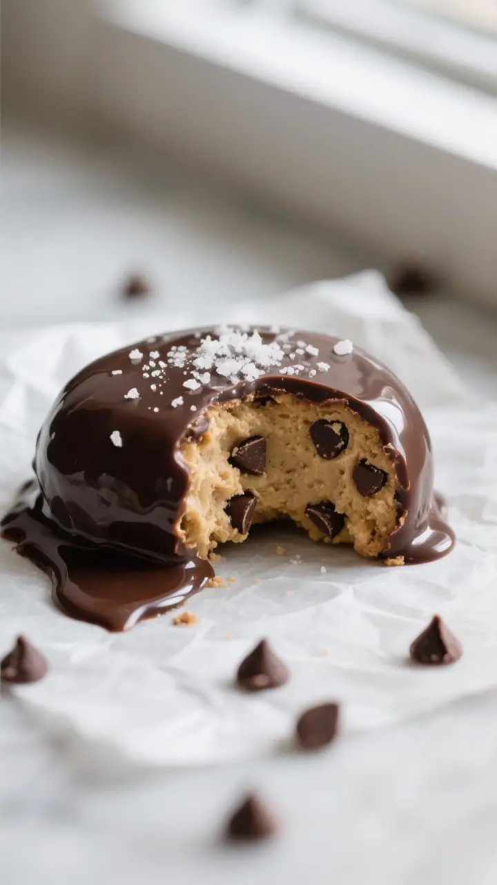 Close-up detail shot: A glossy chocolate-dipped cookie dough truffle just set on parchment, coated i