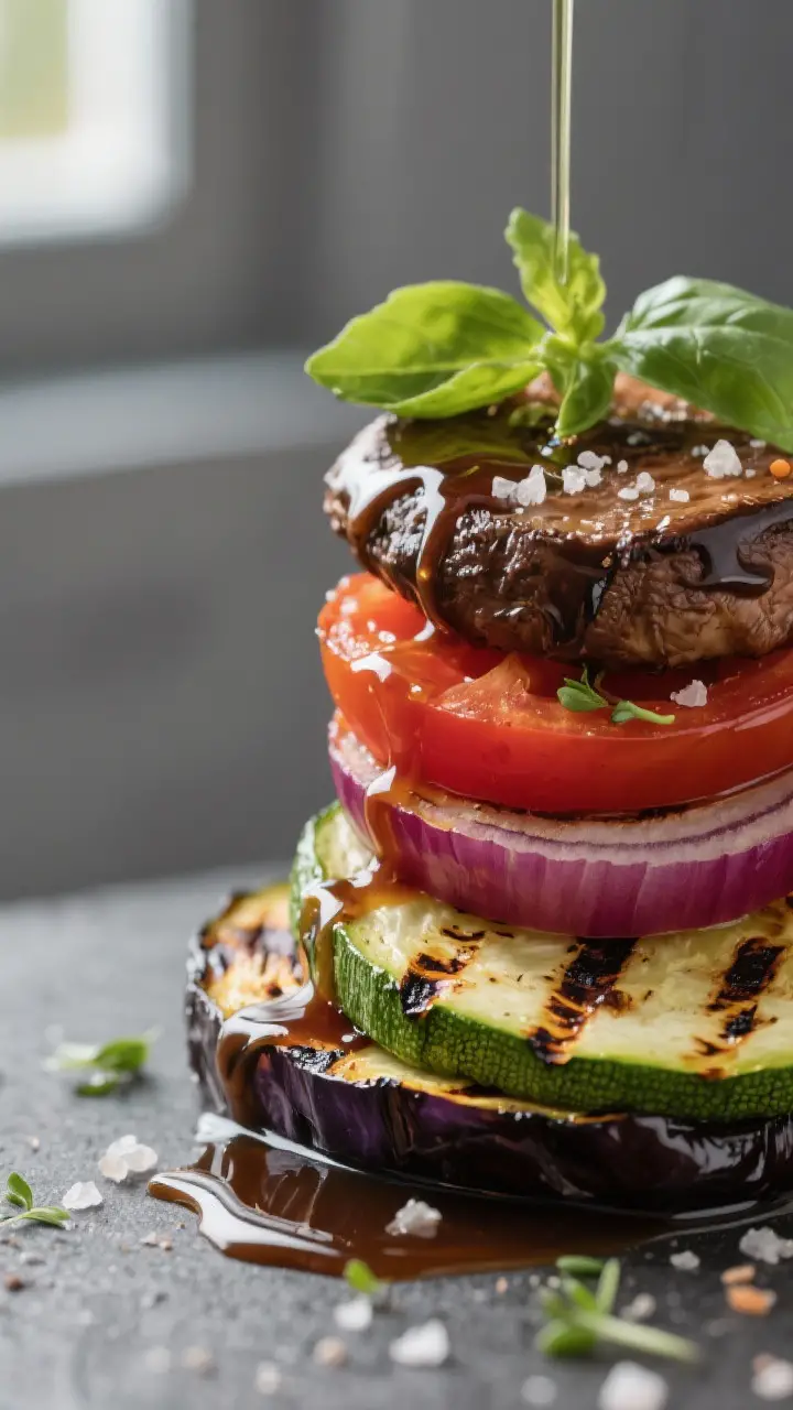 Close-up detail shot: A glossy drizzle of balsamic reduction cascading over a stacked, fully cooked