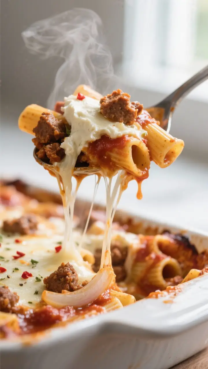 Close-up detail shot: A molten, just-cooked layer of slow cooker baked ziti being lifted with a serv