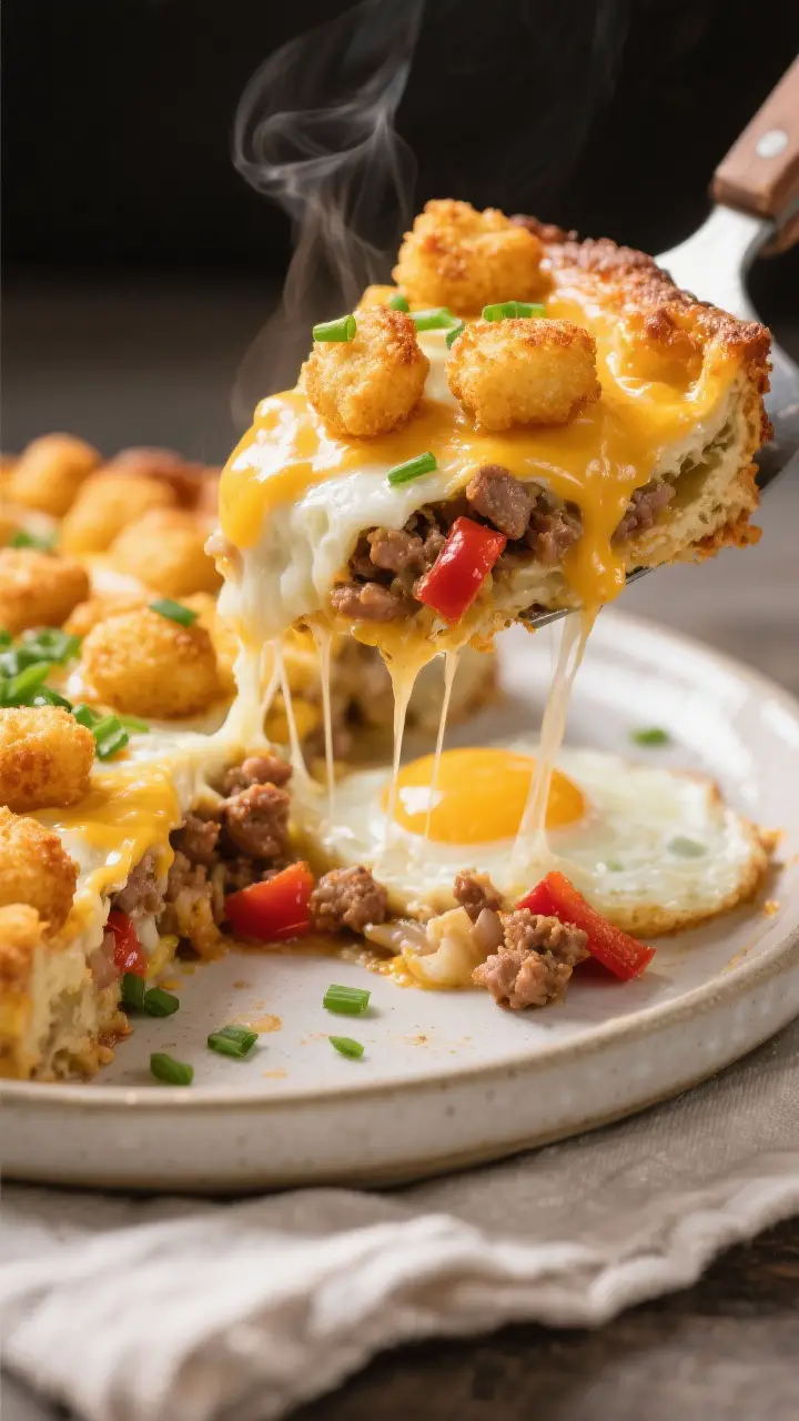 Close-up detail shot: A slice of baked Tater Tot Breakfast Casserole just cut and lifted with a spat