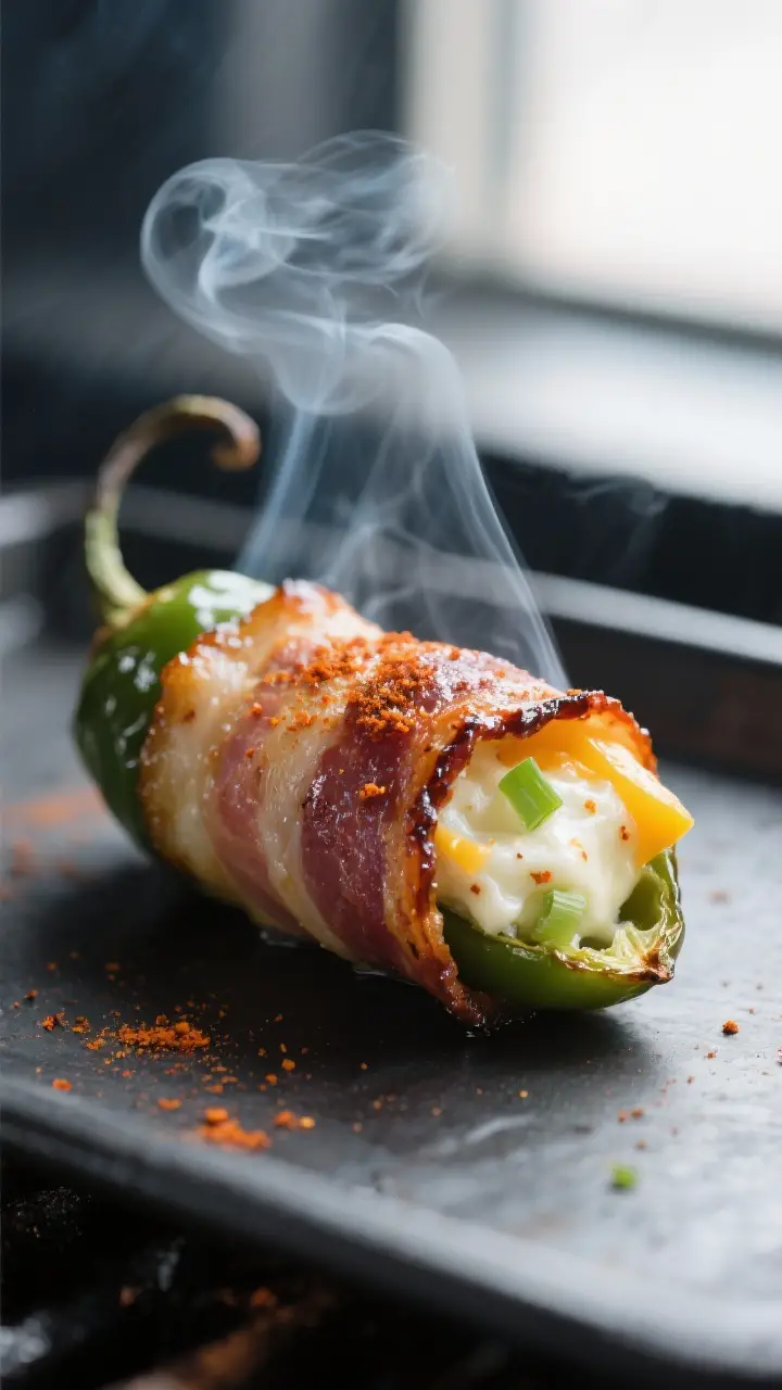 Close-up detail shot: A smoked jalapeno popper just off the smoker, bacon rendered and crisp with gl