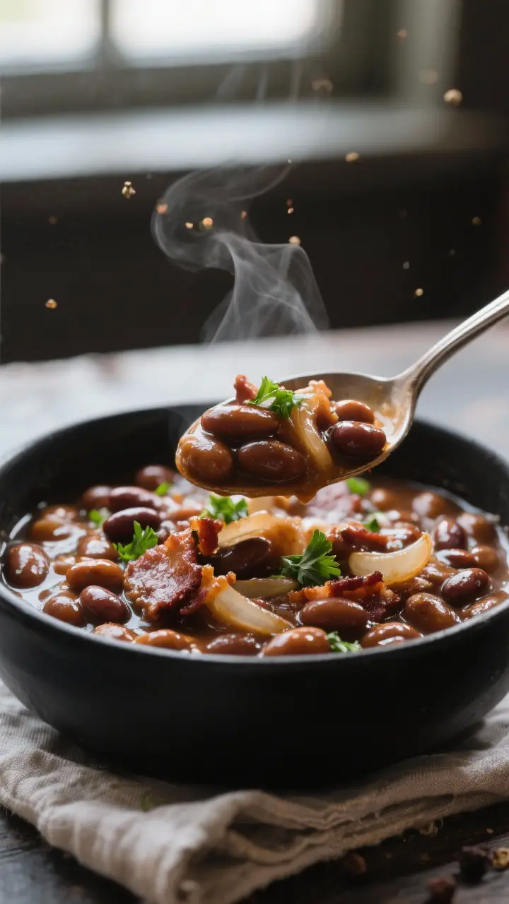 Close-up detail shot: A spoon lifting slow-cooked Boston baked beans from a matte black bowl, showca