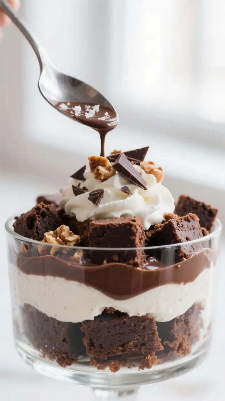 Close-up detail shot: A spoon scooping down through a chilled chocolate trifle in a clear glass trif