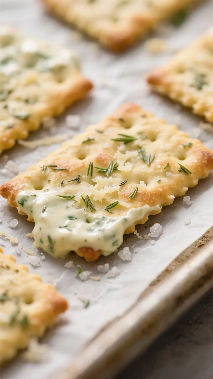 Close-up detail shot: A tight macro of freshly baked Ranch Ritz Crackers cooling on a parchment-line