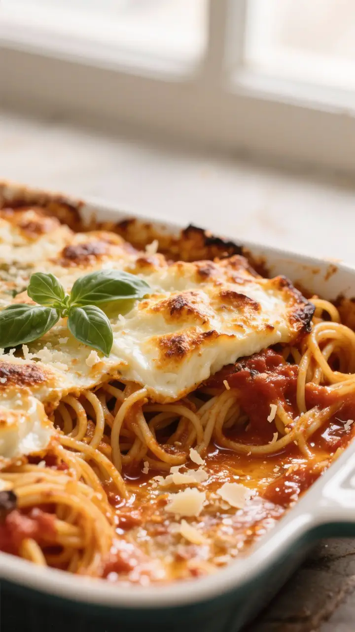 Close-up detail shot: A tight, shallow–depth-of-field capture of baked spaghetti just out of the o