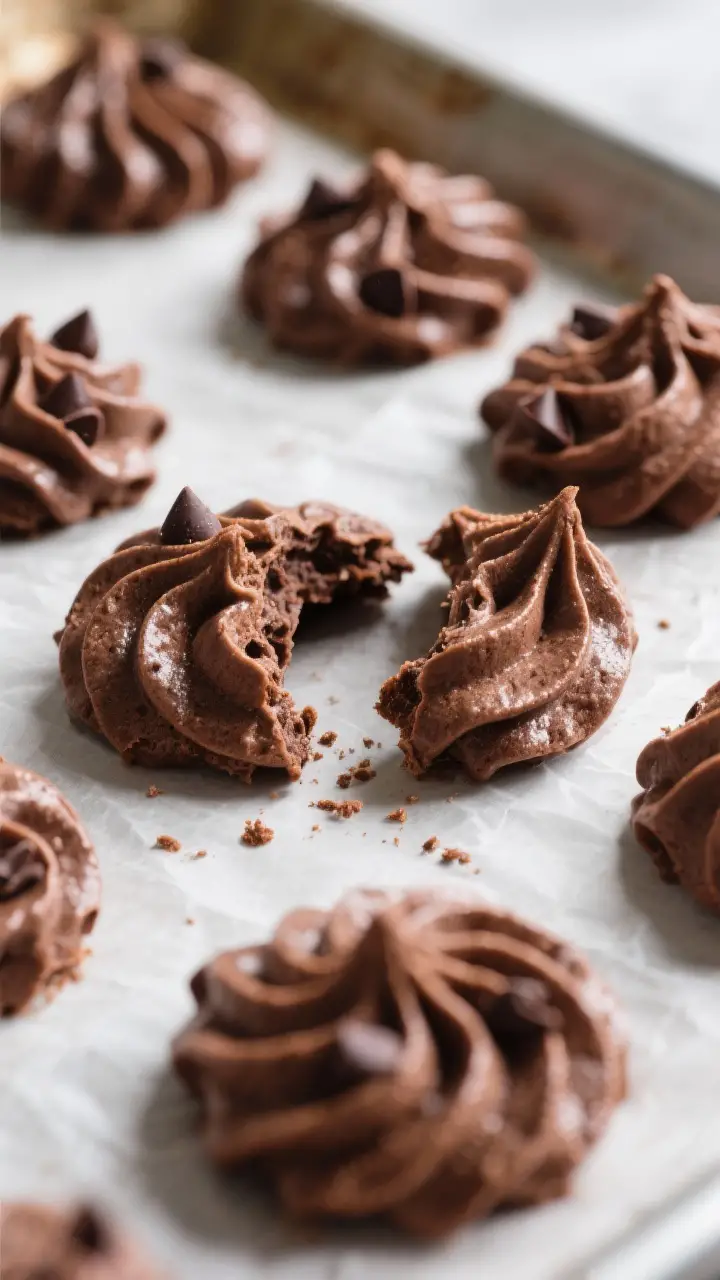 Close-up detail shot: A tray of baked chocolate meringue cookies just out of the oven, crisp matte s