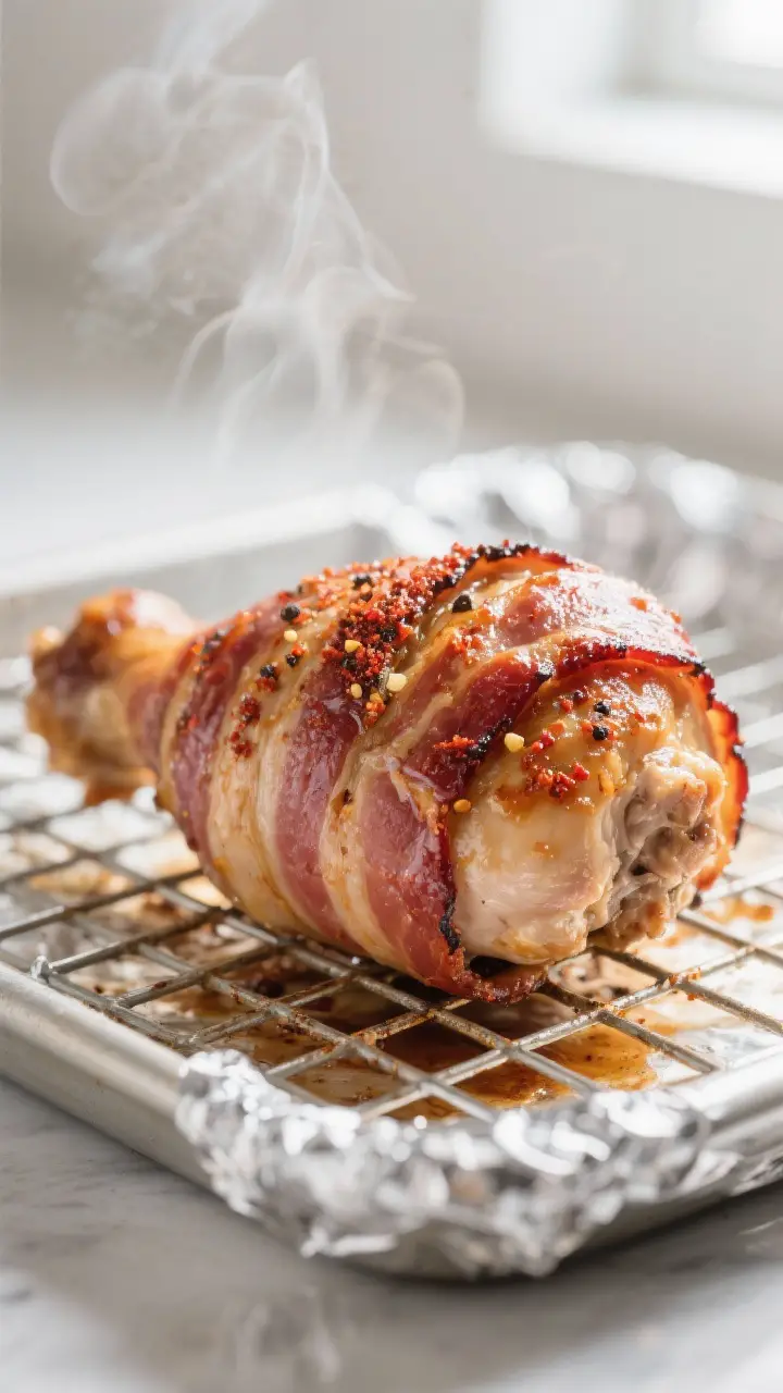 Close-up detail shot: Bacon-wrapped chicken thigh just out of the oven on a wire rack over a foil-li