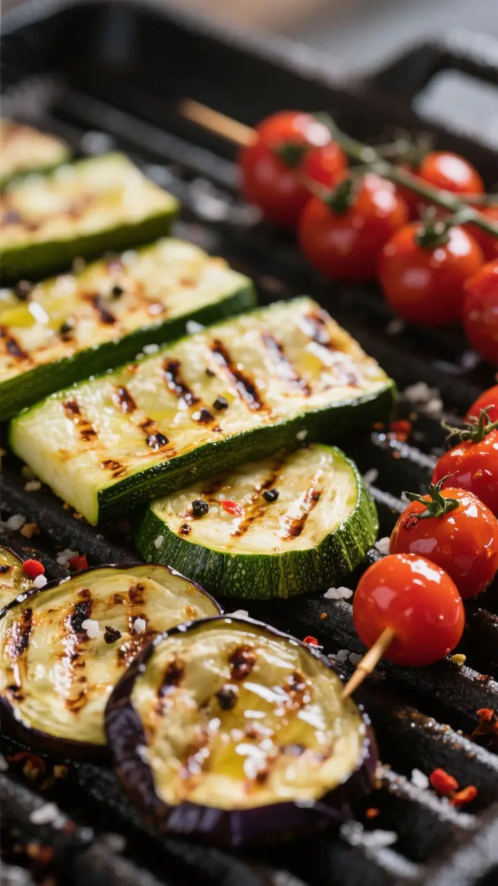 Close-up detail shot: Char-kissed zucchini planks and eggplant rounds just off the grill, tender-cri