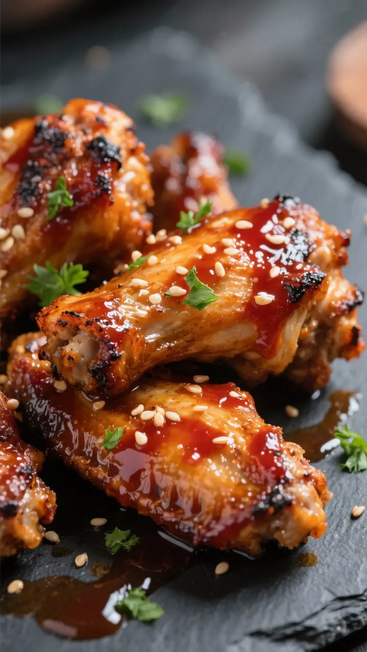 Close-up detail shot: Extra-crispy BBQ chicken wings just after glazing, skin visibly blistered and 