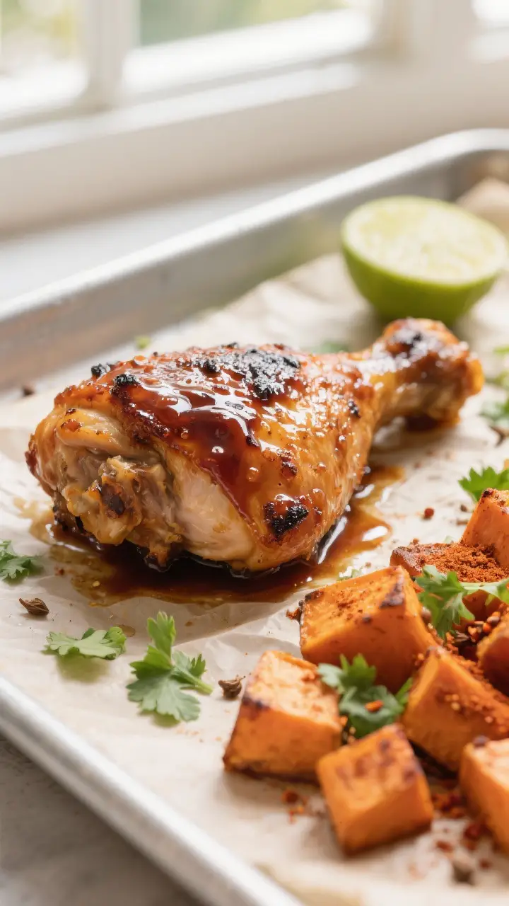 Close-up detail shot: Glazed BBQ chicken thigh just out of the oven, skin blistered and glossy with