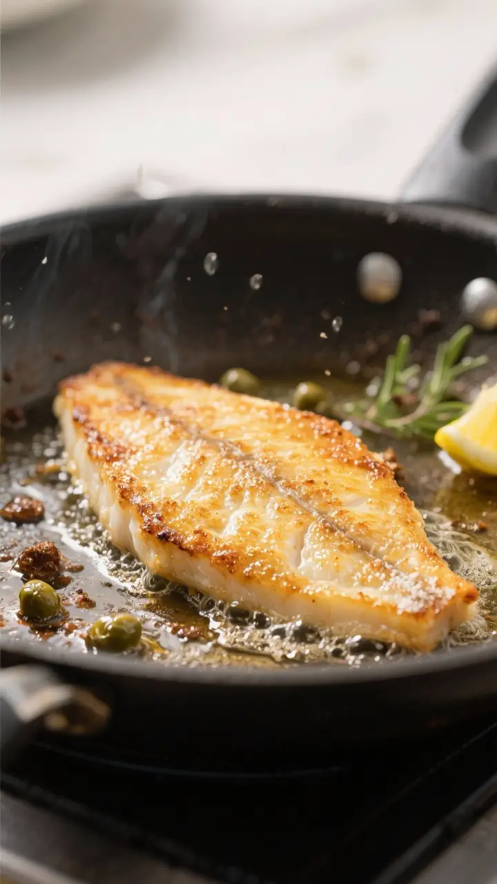 Close-up detail shot: Golden-brown pan-fried flounder fillet just after flipping, edges turning opaq