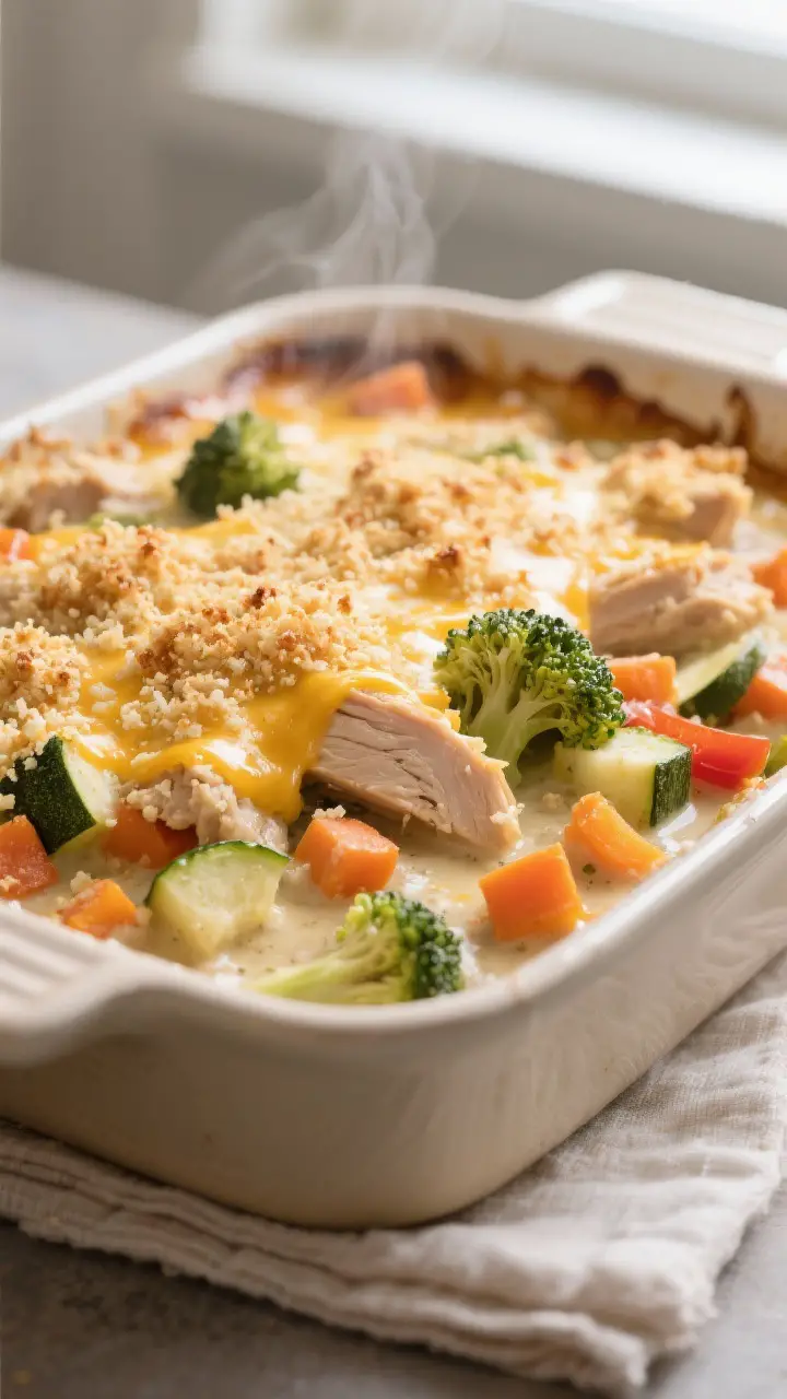 Close-up detail shot: Golden, bubbling Turkey and Vegetable Casserole just out of the oven, showing 