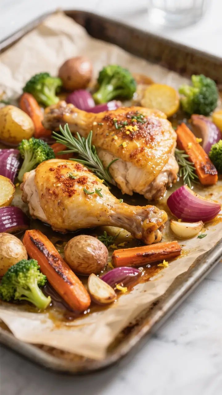 Close-up detail shot: golden, crispy-skinned bone-in chicken thighs just out of the oven on a parchm